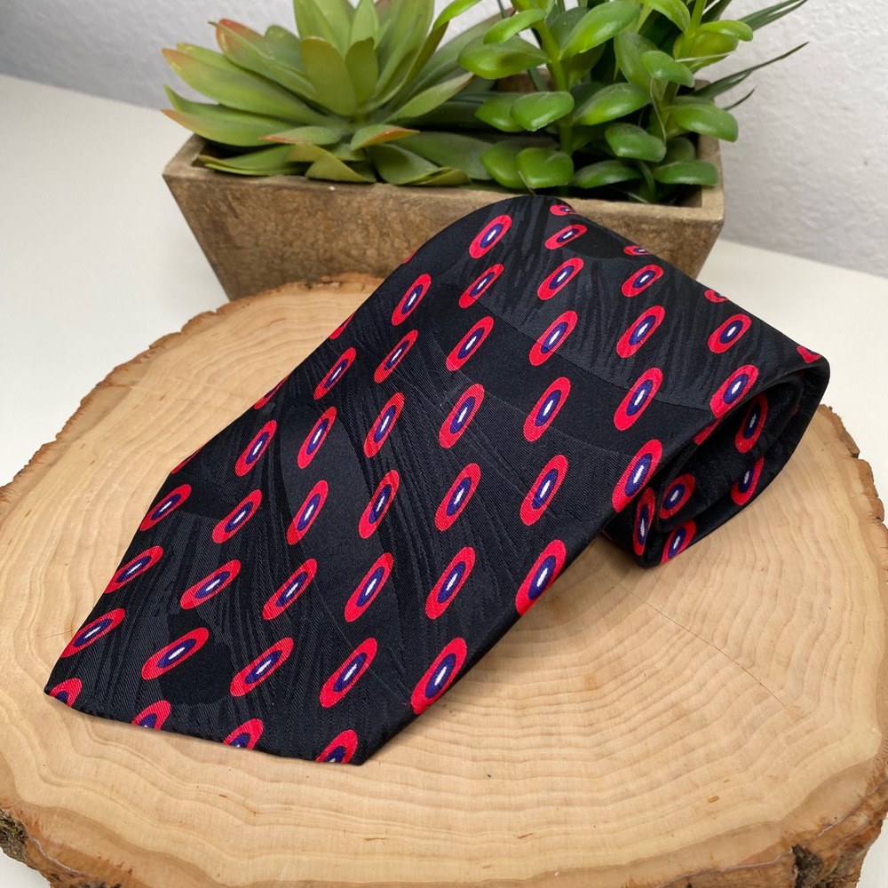A Taghi‎ Mens Silk Tie Geometric Oval Pattern Black Red Blue Hand Made in Italy